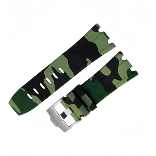 ROUHO 28mm Silikon Gummi Uhr Armband Silber Pin Verschluss Uhr Armband für AP Audemars Piguet Royal Oak 15710 15703 26470 15707 26703-Camouflage Tief Grün von ROUHO