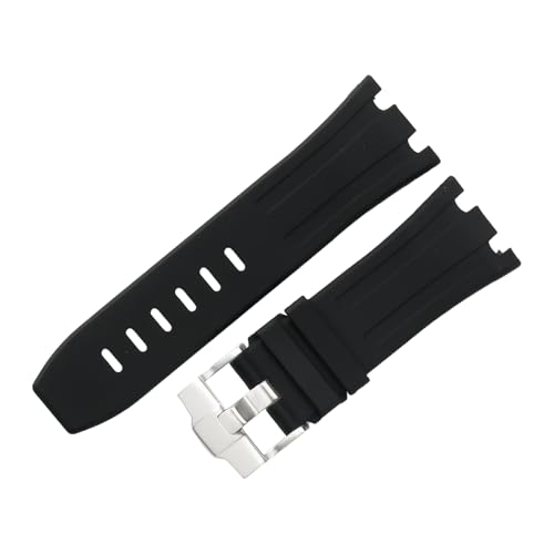 ROUHO 28mm Silikon Gummi Uhr Armband Silber Pin Verschluss Uhr Armband für AP Audemars Piguet Royal Oak 15710 15703 26470 15707 26703-Schwarz von ROUHO