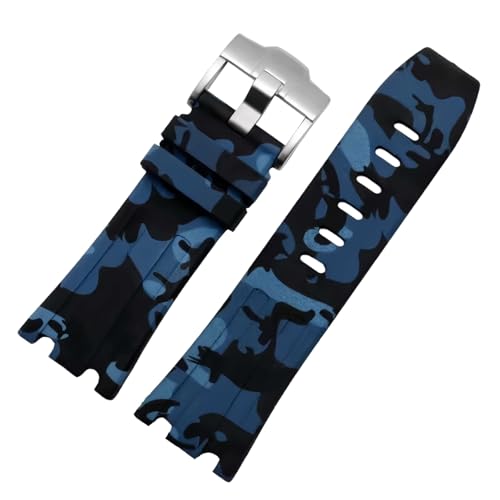 ROUHO 28mm Silikon Uhr Armband Silber Pin Schnalle Weicher Gummi Uhrband Zubehör für Audemars Piguet Royal Oak Offshore 15703-Tarnung Blau von ROUHO