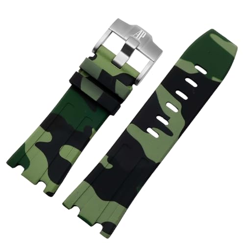 ROUHO 28mm Silikon Uhr Armband Silber Pin Schnalle Weicher Gummi Uhrband Zubehör für Audemars Piguet Royal Oak Offshore 15703-Tarnung Tief Grün von ROUHO