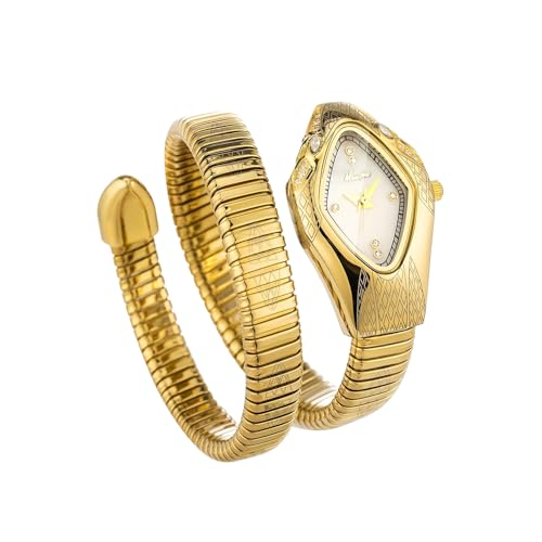 ROUHO Anpassbare Schlange Form Damen Quarz Uhren Windarmband Damenarmbanduhr-Gold + Weiß von ROUHO