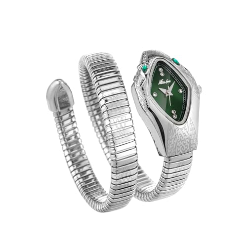 ROUHO Anpassbare Schlange Form Damen Quarz Uhren Windarmband Damenarmbanduhr-Silber + Grün von ROUHO