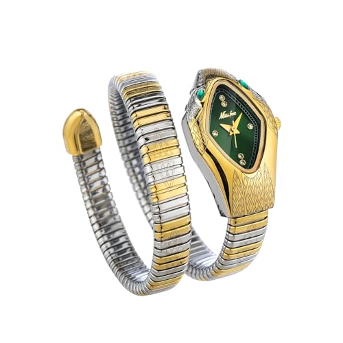 ROUHO Anpassbare Schlange Form Damen Quarz Uhren Windarmband Damenarmbanduhr-Silber Gold + Grün von ROUHO