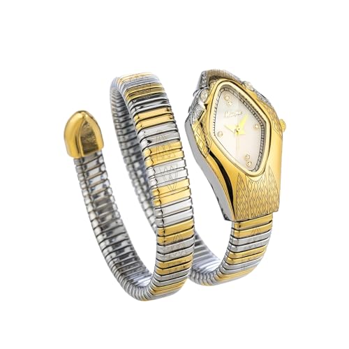 ROUHO Anpassbare Schlange Form Damen Quarz Uhren Windarmband Damenarmbanduhr-Silber Gold + Weiß von ROUHO