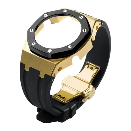 ROUHO Metall-Gehäuse Gummiarmband Uhrarmband Ersatz Modifikationskit Edelstahl Bezel-Rahmen Uhr-Zubehörteile für Casioak GA2100 GA-2110-Gold + Schwarz 1 von ROUHO