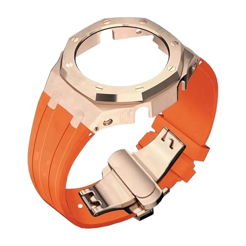 ROUHO Metall-Gehäuse Gummiarmband Uhrarmband Ersatz Modifikationskit Edelstahl Bezel-Rahmen Uhr-Zubehörteile für Casioak GA2100 GA-2110-Rose Gold + Orange von ROUHO