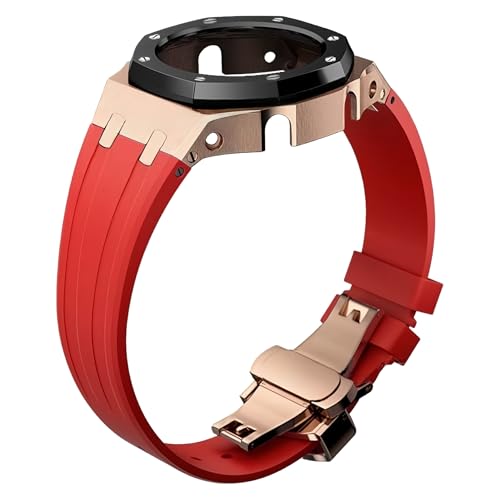 ROUHO Metall-Gehäuse Gummiarmband Uhrarmband Ersatz Modifikationskit Edelstahl Bezel-Rahmen Uhr-Zubehörteile für Casioak GA2100 GA-2110-Rose Gold + Rot 1 von ROUHO