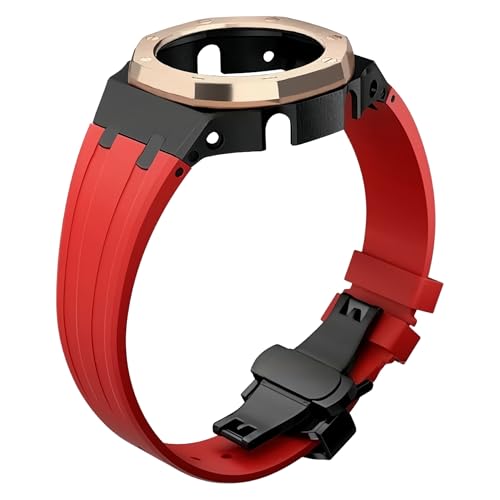 ROUHO Metall-Gehäuse Gummiarmband Uhrarmband Ersatz Modifikationskit Edelstahl Bezel-Rahmen Uhr-Zubehörteile für Casioak GA2100 GA-2110-Rose Gold + Rot von ROUHO