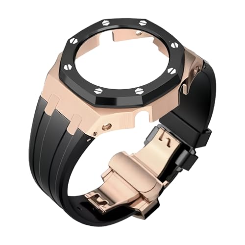 ROUHO Metall-Gehäuse Gummiarmband Uhrarmband Ersatz Modifikationskit Edelstahl Bezel-Rahmen Uhr-Zubehörteile für Casioak GA2100 GA-2110-Rose Gold + Schwarz 1 von ROUHO