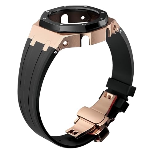 ROUHO Metall-Gehäuse Gummiarmband Uhrarmband Ersatz Modifikationskit Edelstahl Bezel-Rahmen Uhr-Zubehörteile für Casioak GA2100 GA-2110-Rose Gold + Schwarz 2 von ROUHO