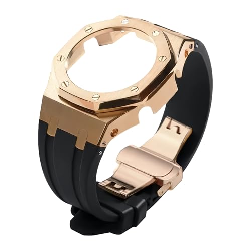ROUHO Metall-Gehäuse Gummiarmband Uhrarmband Ersatz Modifikationskit Edelstahl Bezel-Rahmen Uhr-Zubehörteile für Casioak GA2100 GA-2110-Rose Gold + Schwarz von ROUHO