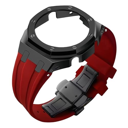 ROUHO Metall-Gehäuse Gummiarmband Uhrarmband Ersatz Modifikationskit Edelstahl Bezel-Rahmen Uhr-Zubehörteile für Casioak GA2100 GA-2110-Schwarz + Rot 1 von ROUHO