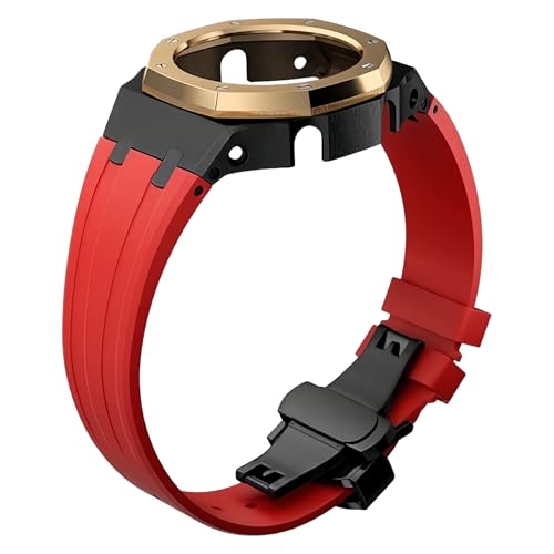 ROUHO Metall-Gehäuse Gummiarmband Uhrarmband Ersatz Modifikationskit Edelstahl Bezel-Rahmen Uhr-Zubehörteile für Casioak GA2100 GA-2110-Schwarz + Rot von ROUHO