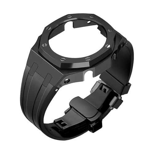 ROUHO Metall-Gehäuse Gummiarmband Uhrarmband Ersatz Modifikationskit Edelstahl Bezel-Rahmen Uhr-Zubehörteile für Casioak GA2100 GA-2110-Schwarz von ROUHO