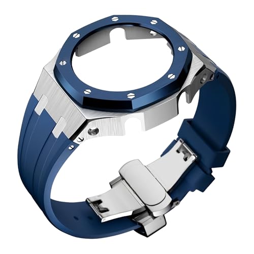 ROUHO Metall-Gehäuse Gummiarmband Uhrarmband Ersatz Modifikationskit Edelstahl Bezel-Rahmen Uhr-Zubehörteile für Casioak GA2100 GA-2110-Silber + Blau 1 von ROUHO
