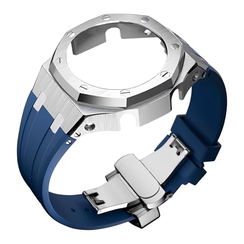 ROUHO Metall-Gehäuse Gummiarmband Uhrarmband Ersatz Modifikationskit Edelstahl Bezel-Rahmen Uhr-Zubehörteile für Casioak GA2100 GA-2110-Silber + Blau 3 von ROUHO