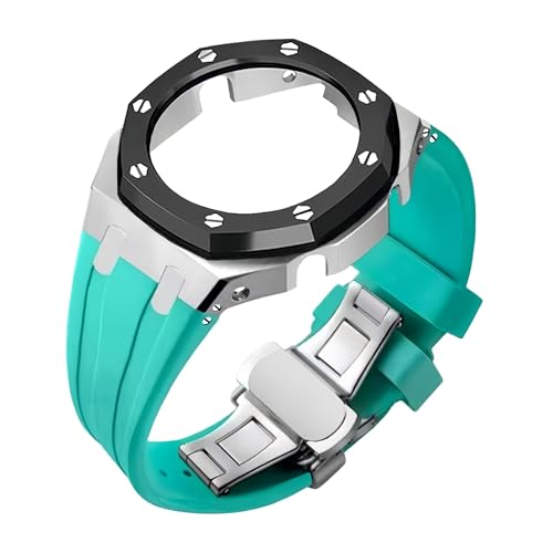 ROUHO Metall-Gehäuse Gummiarmband Uhrarmband Ersatz Modifikationskit Edelstahl Bezel-Rahmen Uhr-Zubehörteile für Casioak GA2100 GA-2110-Silber + Blau 4 von ROUHO
