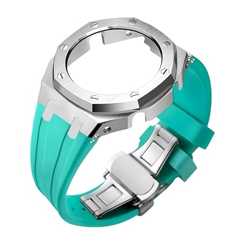 ROUHO Metall-Gehäuse Gummiarmband Uhrarmband Ersatz Modifikationskit Edelstahl Bezel-Rahmen Uhr-Zubehörteile für Casioak GA2100 GA-2110-Silber + Blau von ROUHO