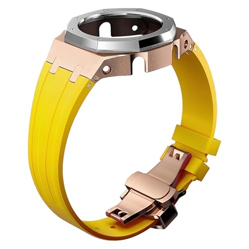 ROUHO Metall-Gehäuse Gummiarmband Uhrarmband Ersatz Modifikationskit Edelstahl Bezel-Rahmen Uhr-Zubehörteile für Casioak GA2100 GA-2110-Silber + Gelb von ROUHO