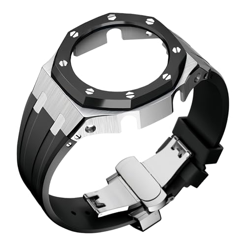 ROUHO Metall-Gehäuse Gummiarmband Uhrarmband Ersatz Modifikationskit Edelstahl Bezel-Rahmen Uhr-Zubehörteile für Casioak GA2100 GA-2110-Silber + Schwarz 1 von ROUHO