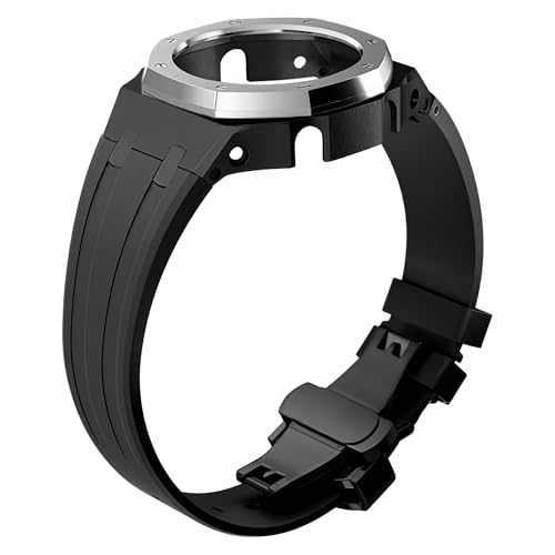 ROUHO Metall-Gehäuse Gummiarmband Uhrarmband Ersatz Modifikationskit Edelstahl Bezel-Rahmen Uhr-Zubehörteile für Casioak GA2100 GA-2110-Silber + Schwarz 2 von ROUHO