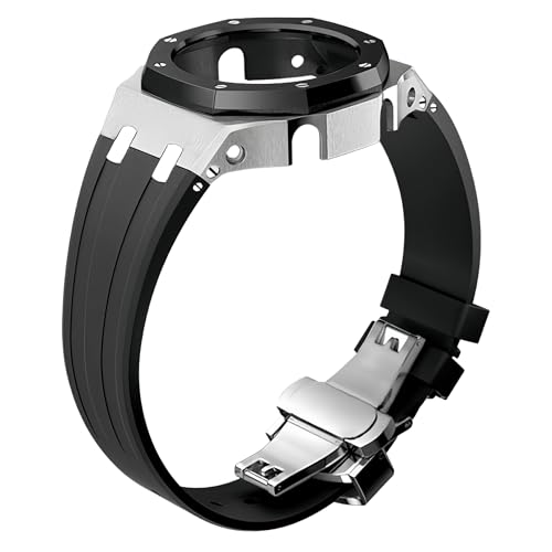 ROUHO Metall-Gehäuse Gummiarmband Uhrarmband Ersatz Modifikationskit Edelstahl Bezel-Rahmen Uhr-Zubehörteile für Casioak GA2100 GA-2110-Silber + Schwarz 4 von ROUHO
