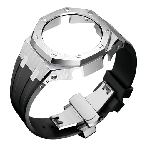 ROUHO Metall-Gehäuse Gummiarmband Uhrarmband Ersatz Modifikationskit Edelstahl Bezel-Rahmen Uhr-Zubehörteile für Casioak GA2100 GA-2110-Silber + Schwarz von ROUHO