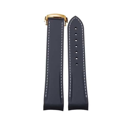 ROUHO Modifizierte Silikon Herren Uhr Armband Gold Fold-Over Verschluss Uhrband für Seamaster 300 Planet Ocean 600m-Schwarz + Weiß 21mm von ROUHO