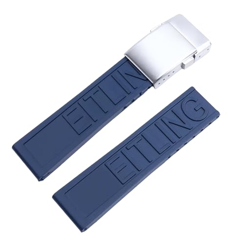 ROUHO Schweißdichte Silikon Gummi Uhr Armband Edelstahl Matt Klappverschluss für Breitling Avenger Colt Superocean Challenger-Blau + Silber Schnalle 24mm von ROUHO