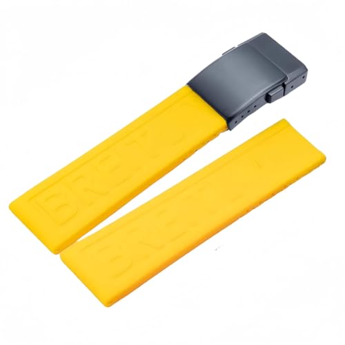 ROUHO Schweißdichte Silikon Gummi Uhr Armband Edelstahl Matt Klappverschluss für Breitling Avenger Colt Superocean Challenger-Gelb + Schwarz Schnalle 22mm von ROUHO