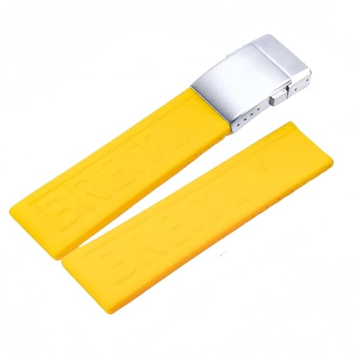 ROUHO Schweißdichte Silikon Gummi Uhr Armband Edelstahl Matt Klappverschluss für Breitling Avenger Colt Superocean Challenger-Gelb + Silber Schnalle 24mm von ROUHO