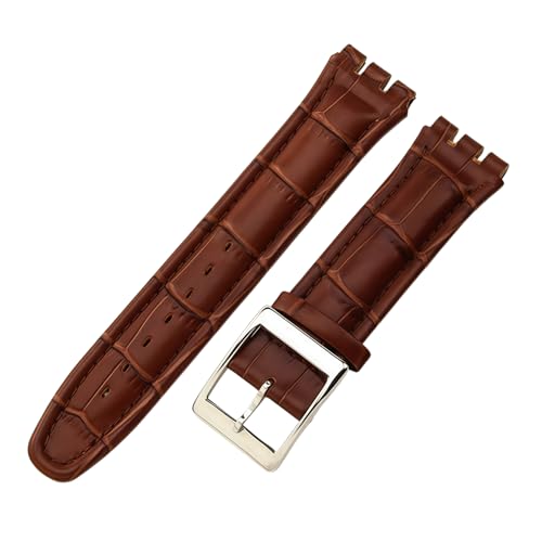 ROUREOX 19mm Echtleder-Damen-Uhrenarmband Verstellbar Edelstahl-Schloss Ersatz-Uhrenband für Swatch YCS YAS YGS-Braun B+Silber von ROUREOX