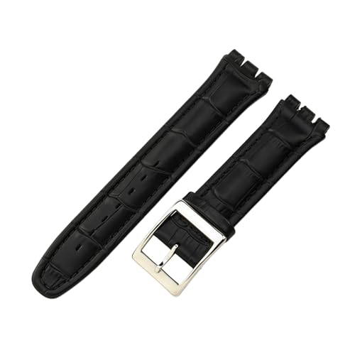 ROUREOX 19mm Echtleder-Damen-Uhrenarmband Verstellbar Edelstahl-Schloss Ersatz-Uhrenband für Swatch YCS YAS YGS-Schwarz B+Silber von ROUREOX