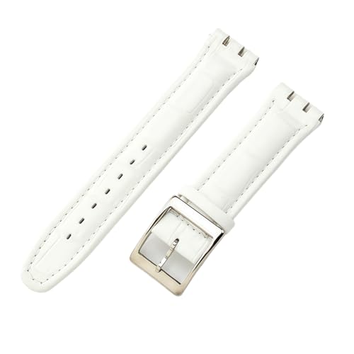 ROUREOX 19mm Echtleder-Damen-Uhrenarmband Verstellbar Edelstahl-Schloss Ersatz-Uhrenband für Swatch YCS YAS YGS-Weiß B+Silber von ROUREOX
