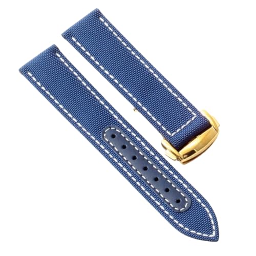 ROUREOX 19mm Gewebtes Nylonleder Uhrarmband Verstellbarer Ausziehverschluss Echter Leder Uhrarmband für OMEGA Seamaster Speedmaster De Ville series-Blau + Weiß + Gold von ROUREOX