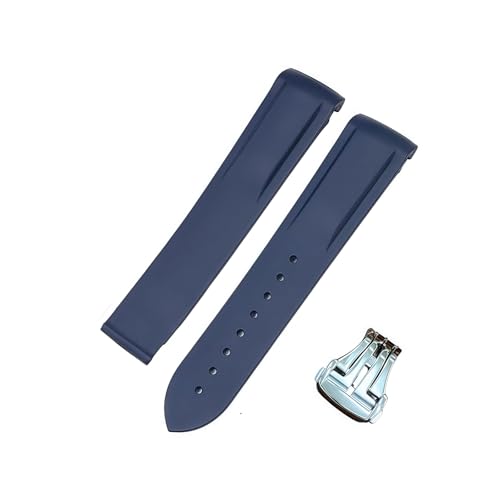 ROUREOX 19mm Kautschuk-Silikon-Uhrarmband Spitzverschluss-Armband für Omega AT150 300 De Ville Planet Ocean-Blaue + Silber Schnalle von ROUREOX