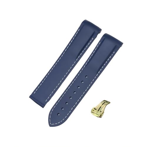 ROUREOX 19mm Kautschuk-Silikon-Uhrarmband Spitzverschluss-Armband für Omega AT150 300 De Ville Planet Ocean-Blaue + weiße Linie + Goldschnalle von ROUREOX