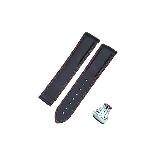 ROUREOX 19mm Kautschuk-Silikon-Uhrarmband Spitzverschluss-Armband für Omega AT150 300 De Ville Planet Ocean-Schwarz + Rote Linie + Silber Schnalle von ROUREOX