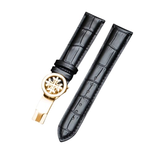 ROUREOX 19mm Weich-Echtlederarmband Vintage Ersatzarmband Edelstahlverschluss für PATEK Philippe-Schwarz + Gold von ROUREOX