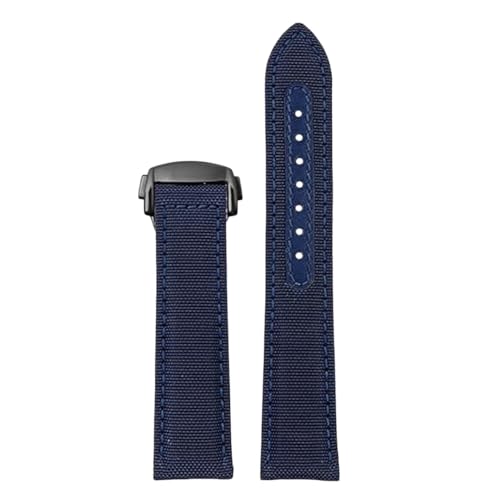 ROUREOX 20mm Gewebtes Nylonleder Uhrarmband Verstellbarer Ausziehverschluss Echter Leder Uhrarmband für OMEGA Seamaster Speedmaster De Ville series-Blau + Schwarz von ROUREOX