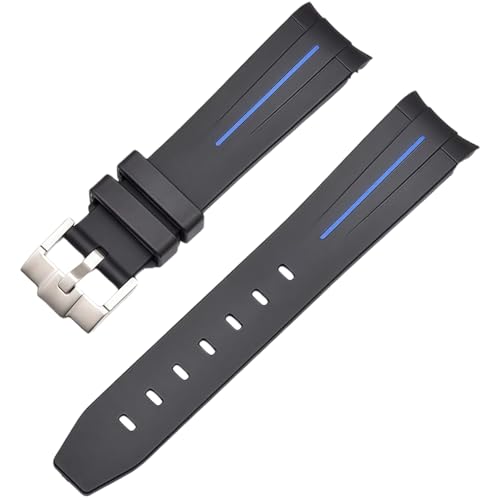 ROUREOX 20mm Gummi Uhrband Ersatzarmband Accessoire für Herren für Rolex Oyster-Schwarz + Blaue Linie + Silber Schnalle von ROUREOX
