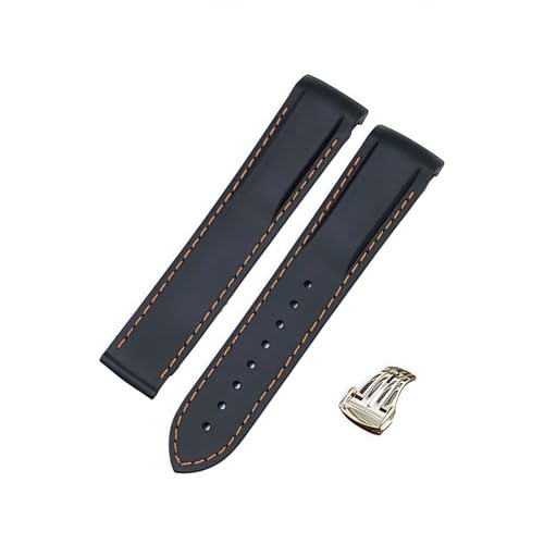 ROUREOX 20mm Kautschuk-Silikon-Uhrarmband Spitzverschluss-Armband für Omega AT150 300 De Ville Planet Ocean-Schwarz + Orange Linie + Rose Gold Schnalle von ROUREOX