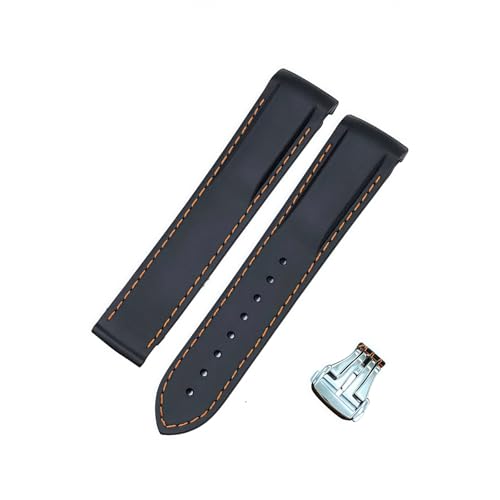 ROUREOX 20mm Kautschuk-Silikon-Uhrarmband Spitzverschluss-Armband für Omega AT150 300 De Ville Planet Ocean-Schwarz + Orange Linie + Silber Schnalle von ROUREOX