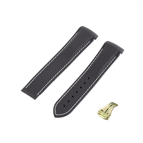 ROUREOX 20mm Kautschuk-Silikon-Uhrarmband Spitzverschluss-Armband für Omega AT150 300 De Ville Planet Ocean-Schwarz + Weiß Linie + Gold Schnalle von ROUREOX