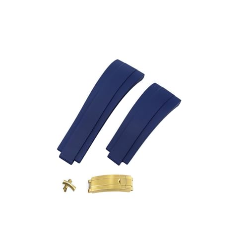 ROUREOX 20mm Silikon Armband Gummi Uhrband Geschwungenes Metall Link Armband für Rolex Daytona Submariner GMT Yacht Master-Blue + Gold Verschluss von ROUREOX