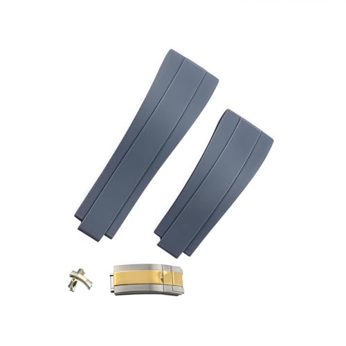 ROUREOX 20mm Silikon Armband Gummi Uhrband Geschwungenes Metall Link Armband für Rolex Daytona Submariner GMT Yacht Master-Grau + Zweifarbiger Goldverschluss von ROUREOX