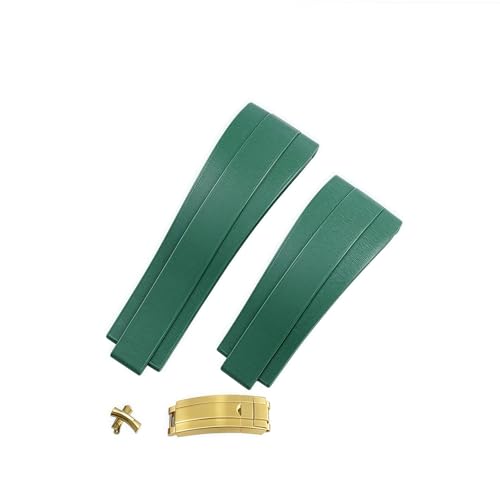 ROUREOX 20mm Silikon Armband Gummi Uhrband Geschwungenes Metall Link Armband für Rolex Daytona Submariner GMT Yacht Master-Grün + Gold Verschluss von ROUREOX