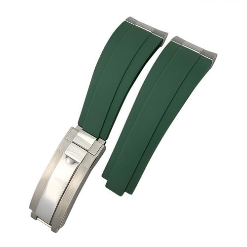 ROUREOX 20mm Silikon Armband Gummi Uhrband Geschwungenes Metall Link Armband für Rolex Daytona Submariner GMT Yacht Master-Grün + Silber Verschluss von ROUREOX
