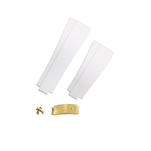ROUREOX 20mm Silikon Armband Gummi Uhrband Geschwungenes Metall Link Armband für Rolex Daytona Submariner GMT Yacht Master-Weiß + Gold Verschluss von ROUREOX