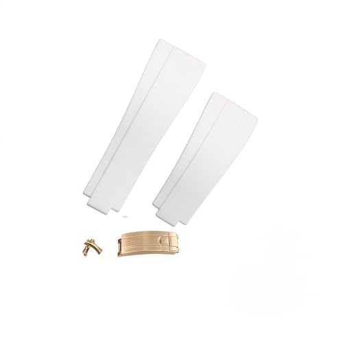 ROUREOX 20mm Silikon Armband Gummi Uhrband Geschwungenes Metall Link Armband für Rolex Daytona Submariner GMT Yacht Master-Weiß + Rose Gold Verschluss von ROUREOX